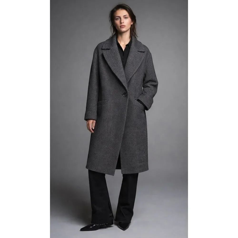 ZARA Wool Blend Herringbone Coat Relaxed Fit Gray Size S M